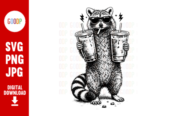 Cool Raccoon Coffee Sunglasses Ink PNG