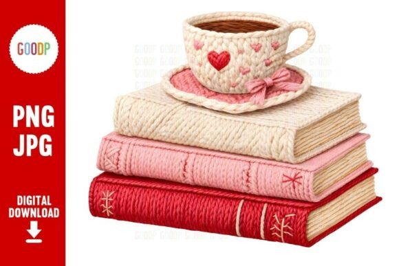 Cozy Knitted Books Coffee Aesthetic PNG
