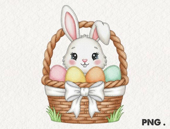 Cute Easter Bunny Eggs in Basket PNG