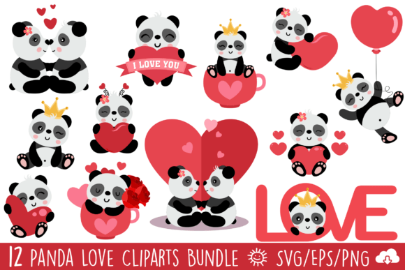 Cute Panda Love Vector Clipart Bundle