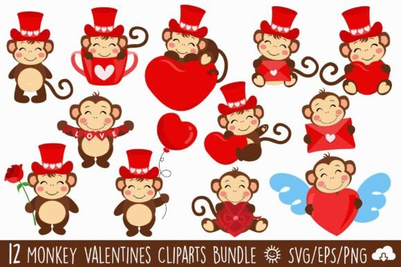 Cute Valentine Monkey Clipart Bundle