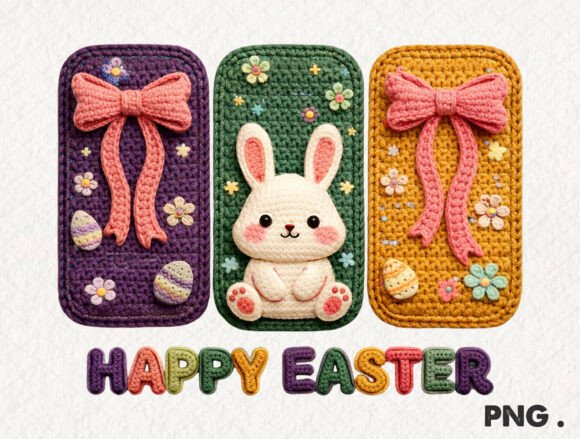 Happy Easter Crochet Bunny Bow PNG