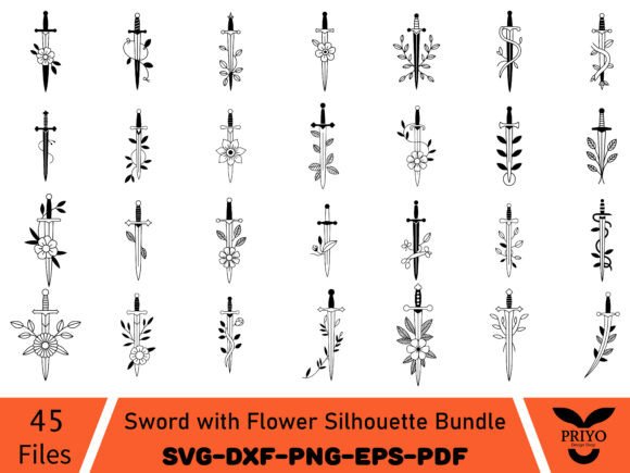 Sword with Flower Silhouette Bundle